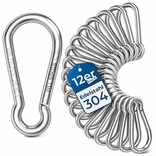 Der Traum 12 Stück Karabinerhaken Edelstahl, 4 x 40mm – Karabiner mit Belastbarkeit von KG – Ideal für Schlüsselanhänger, Camping, Wandern, Reisen, Angeln, Rucksack (Silber)