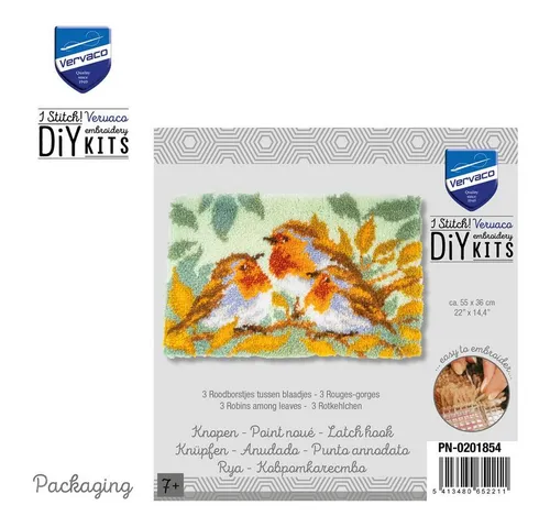 Vervaco Knüpfteppich Set Rotkehlchen 3 - Kreativset für alle Altersgruppen - Ein kreatives Knüpfset für gemütliche Teppiche, ideal für entspannende Stunden. Enthält handbemalten Stramin, hochwertiges Garn und klare Anleitungen. Perfekt für Anfänger und Fortgeschrittene!