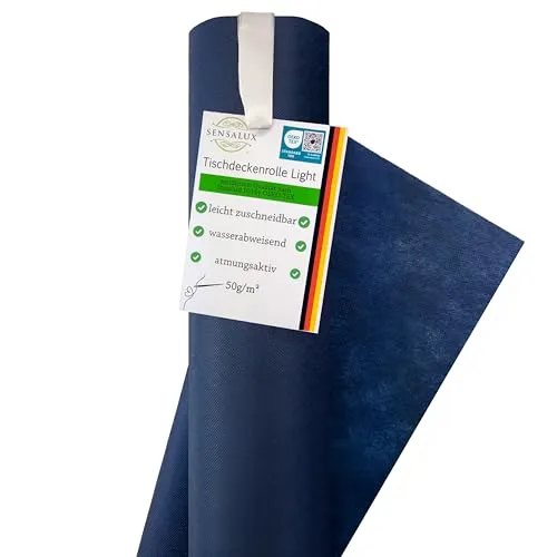 Sensalux Light Tischdeckenrolle blau - 25m lange, stoffähnliche Vliesdecke - Party Tischdecken, Made in Germany, allergie-neutral und reißfest – ideal für jede Feier von Geburtstagsfeiern bis Gartenpartys.
