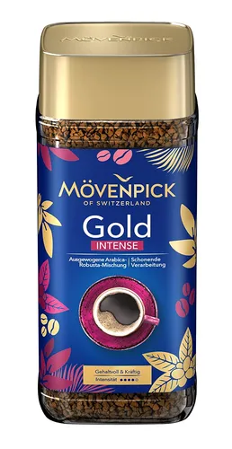 Mövenpick GOLD Intense Löslicher Kaffee, 200g - Löslicher Kaffee aus edlen Arabica- und Robusta-Bohnen, gefriergetrocknet für intensiven Geschmack. Ideal für schnellen Genuss zu Hause oder unterwegs.