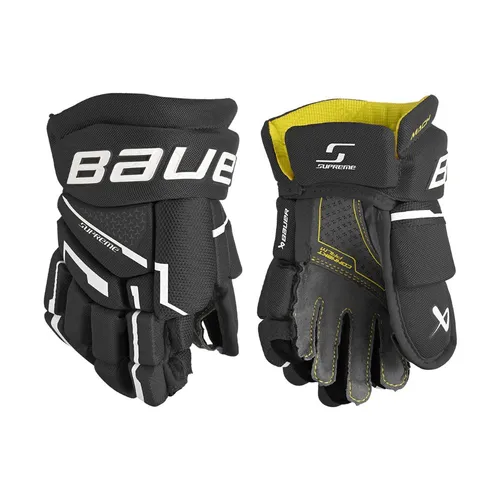 Bauer Supreme MACH Handschuhe Bambini 9 Zoll - Eishockey-Spielerhandschuhe in schwarz/weiß, bieten optimalen Schutz und hohe Beweglichkeit für junge Spieler.