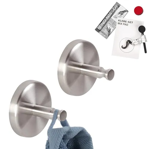 bremermann Handtuchhaken Bad-Serie PIAZZA 2er-Set - Hochwertige Handtuchhaken aus rostfreiem Edelstahl im eleganten matten Design, ideal für Bad und Küche. Inklusive Klebe-Set für einfache Montage ohne Bohren.