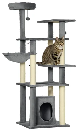 Großer Katzenbaum 144 cm mit Kratzstamm und Plattformen – grau