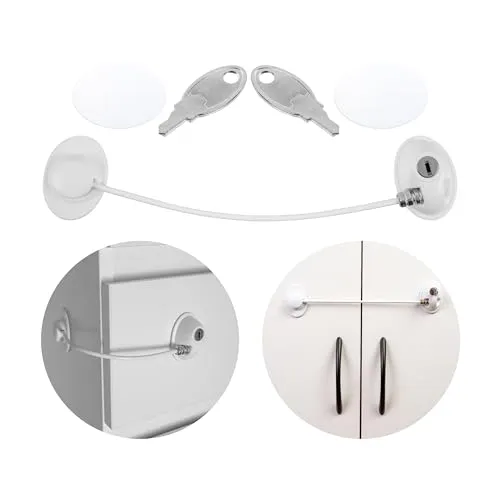 Klebesicherung mit Schloss, 1 Pack, in Weiß, zwei Schlüssel, Ersatz Klebepads, abschließbares Klebeschloss für Kühlschrank, Schrank, Tür, Fenster, Kindersicherung mit Schlüssel, Kühlschrankschloss