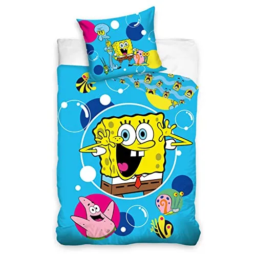 MTOnlinehandel Schwammkopf Bettwäsche 135x200 cm - Bettwaren-Set für Kinder mit Spongebob-Motiv, aus 100% Baumwolle für hohen Komfort und Pflegeleichtigkeit, ideal zum Kuscheln und Träumen.