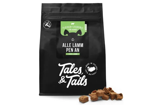 Tales & Tails Alle LammPen - 100% Lamm Trainingsleckerli, 250g - Getreidefreies Futter für Hunde, ideal für Allergiker. Hergestellt aus 100% luftgetrocknetem Lammfleisch, klimaneutral und ohne Tierversuche.