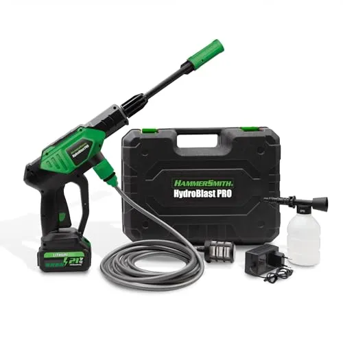 Hammersmith HydroBlast PRO Druckpistole - Akku Druckreiniger - Hochdruckreiniger mit 5m Reichweite, ideal für kabellose Reinigung von Fahrzeugen und Gartenmöbeln, mit leistungsstarkem Akku für bis zu 60 Minuten Betriebsdauer.