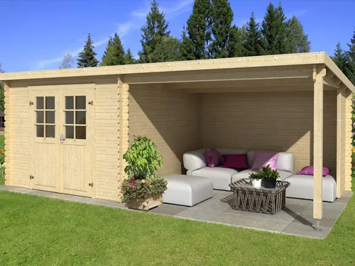 Lasita Naturbelassen 28 mm Gartenhaus Blockbohlenhaus Flora 670, Mit 375 cm Anbaudach, Doppelflügeltür Mit Echtglas, Stabile Blockbohlenbauweise, Weite Dachüberstände, Einfache Montage