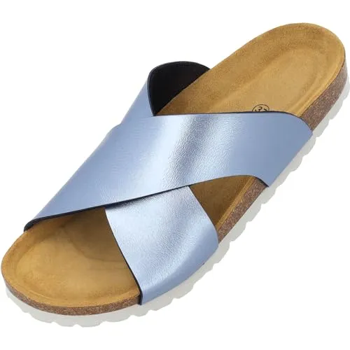 Palado Pantoletten Damen Rianel - Bequeme Sandalen mit Gekreuzten Riemen - Modische Sommerschuhe Blau Metallic UK8 - EU41 - Die Rianel Pantolette vereint edle Metallic-Optik mit hochwertiger Verarbeitung. Das weiche Veloursleder-Fußbett und die leichte EVA-Sohle bieten herausragenden Komfort und Dämpfung für jeden Anlass.