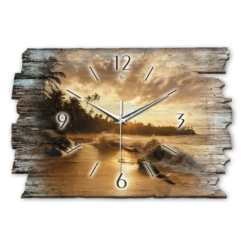 Kreative Feder Designer Wanduhr „Beach“ aus Holz 40x27cm im Shabby Style Design - Designeruhr mit flüsterleisem Uhrwerk ohne Ticken (Beach, leises Quarzuhrwerk)
