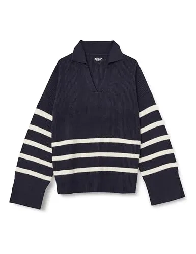 ONLY Damen Strickpullover Onlmonna Ls Split Neck Collar KNT, Night Sky/Stripes:Cloud Dancer, L
