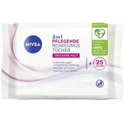 NIVEA 3in1 Pflegende Reinigungstücher Trockene Haut (25 Stück), milde Gesichtsreinigungstücher mit natürlichem Mandelöl, Abschminktücher für Make-Up & wasserfeste Mascara