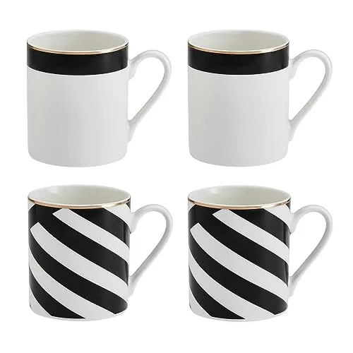 MIKASA Luxe Deco Porzellan Becher Set von 4, feine Bone China Becher mit Geo Print für Tee und Kaffee, 380ml - Geschenk verpackt & spülmaschinenfest