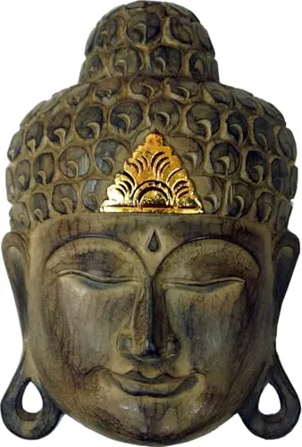 GURU SHOP Geschnitzte Buddha Maske mit Goldverzierung, Wandschmuck, Ethno Wanddekoration aus Balsaholz, Braun, Size:40 cm