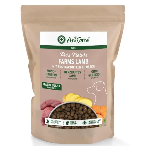 AniForte Lamm Trockenfutter für Hunde 2kg – Herzhaftes Lamm mit Süßkartoffeln, Halbfeuchtes Trockenfutter getreidefrei & glutenfrei, Hundefutter