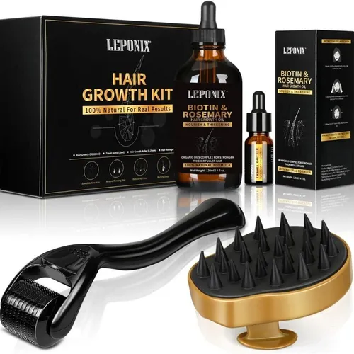 Haarwachstumsset mit Rosmarinöl – Dermaroller & Kopfhaut Massagebürste - Haarwuchsmittel für alle Haartypen, angereichert mit 100% natürlichen Inhaltsstoffen wie Biotin und Rosmarinöl für effektives Haarwachstum.