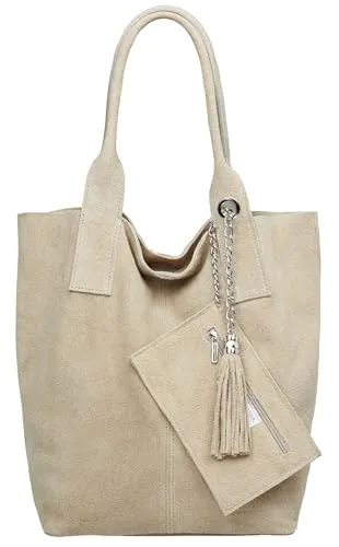 Caspar große Wildleder Shopper Schultertasche schlichte Damen Leder Handtasche mit stylischer Metallkette & kleiner Zusatztasche - CLASSIC LINE - Modell No.828 - Made in Italy, Farbe:beige