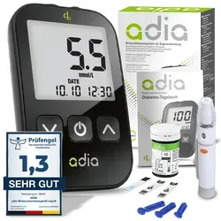 adia Blutzuckermessgerät mit 10 Teststreifen und Lanzetten