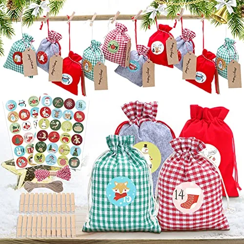 Adventskalender Zum Befüllen, Weihnachtskalender Adventskalendersäckechen Zum Selberfüllen, 24 Filzbeuteln Und Stoffbeutel Adventskalender Tüten Für Männer Frauen Kinder, Weihnachten Geschenktüten