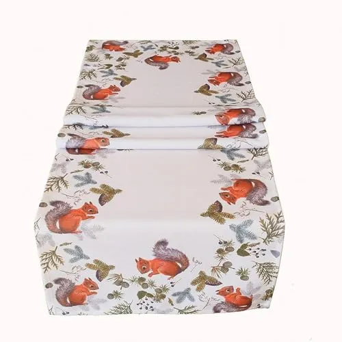 Tischdecke Tischläufer Mitteldecke Kissenhülle Herbst niedliche Eichhörnchen mit Tannenzweigen auf weißem Untergrund (40 x 90 cm)