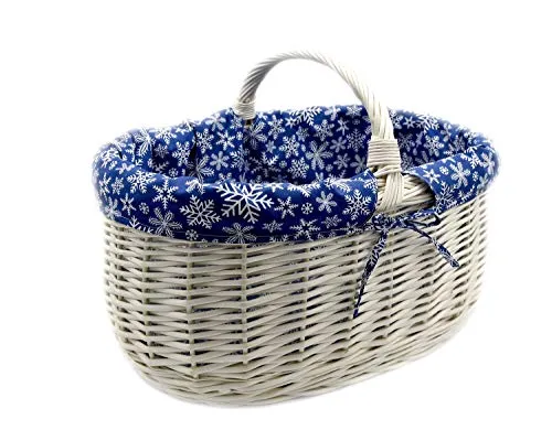 MyBer® Einkaufskorb Weidenkorb Stabiler Tragekorb Korb aus Weide geflochten weiß groß mit Stoffeinlage blau weiße Sterne 50/32/22cm (31 mit Henkel) K1-605-W-SBWW