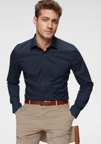 OLYMP Herren Businesshemd Langarm No.Six - Super Slim, Einfarbig in Marine 18, Größe 44 - Herrenhemden mit super slim Passform und Urban Kent Kragen für einen modernen Look. Pflegeleicht und ideal für den beruflichen Alltag.