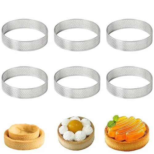 LIANCHEN 6 StüCk Unten Pie Kuchen Form Torten Edelstahl Perforierter Kuchen Mousse Stainless Steel Tart Rings Wiederverwendbar für Mousse-Kuchen und Desserts zum Backen Schichten (Durchmesser 7cm)