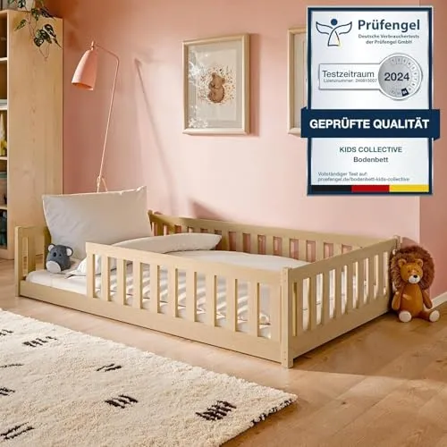 Montessori Kinderbett 120x200 cm mit Matratze - Betten: Sicheres Bodenbett mit Rausfallschutz, aus FSC-zertifiziertem Kiefer-Vollholz, ideal für ruhige Nächte und spielerisches Lernen.
