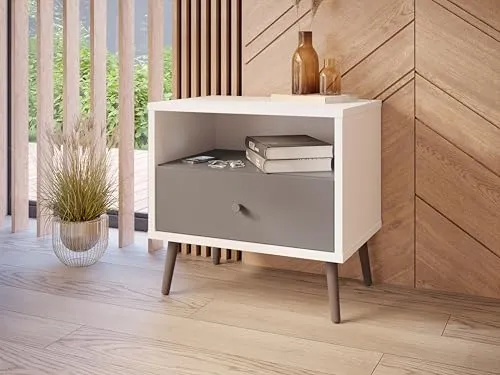 Forte Harllson Nachttisch, skandinavischer Stil mit EasyKlix Montage - Nachttisch in Weiß mit Wolfram Grau, bietet eine praktische Schublade mit Vollauszug und leicht montierbare Elemente für ein stilvolles Schlafzimmer.