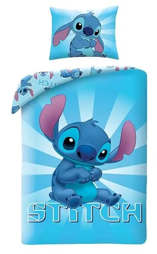 Stitch Bettbezug Blau 140 x 200 cm - 70 x 90 cm - Baumwoll-Bettwäscheset für Kinder mit lebendigen Lilo & Stitch Motiven, wendbar und maschinenwaschbar – ideal für einen erholsamen Schlaf und als Geschenk.