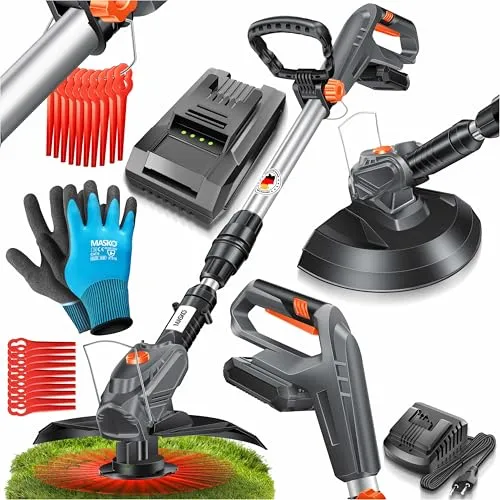 MASKO® Akku-Rasentrimmer mit 20 V Li-Ion Akku, 2,0 Ah Akku und Ladegerät, Motorsense 260mm Schnittbreite, 180° Trimmwinkel, Teleskop-Stiel & Zusatzhandgriff, inkl. 20 Nylonklinge & Handschuhe