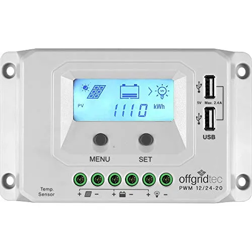 Offgridtec® PWM Pro Laderegler 12V/24V 20A USB - PWM-Solarladeregler mit 3-stufiger PWM Ladereglung für effiziente Batterieladung, inklusive LCD Display und 2 USB Ports für praktische Nutzung.