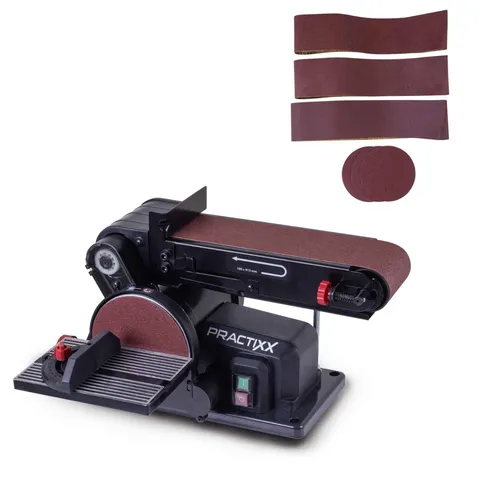 Practixx Band- und Tellerschleifer PX-BTS-370 - 370W Schleifmaschine für Holz - Schleifmaschinen für Holz mit Band- und Tellerschleiffunktion, 370W Induktionsmotor, schwenkbarer Aluminiumauflagetisch und einfachem Schleiftellerwechsel.