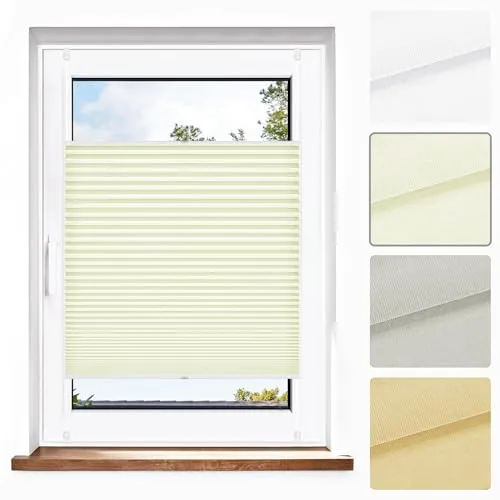 Jalousiescout Plissee Klemmfix ohne Bohren—Jalousie 35x100cm Creme Sichtschutz Fenster Sonnenschutz, Lichtdurchlässig Rollo für Fenster & Tür, Hochwertiges Polyester Pure Plissee