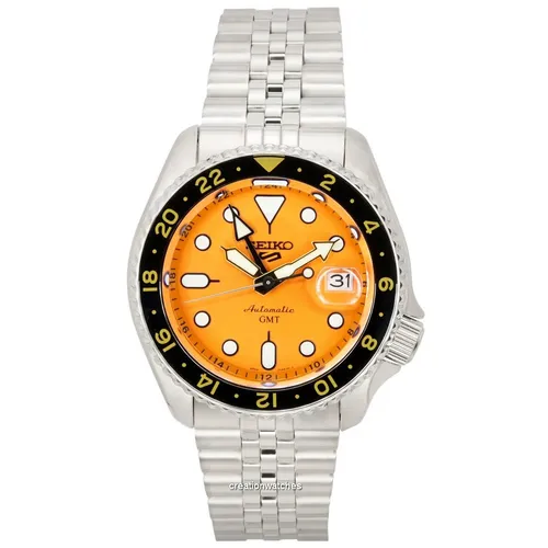 Seiko 5 Watch SSK005K1 Sports GMT Herrenuhr - Automatik in Silber/Orange - Herrenuhr mit Automatikwerk und GMT-Funktion. Das orangefarbene Ziffernblatt bietet eine leuchtende Anzeige und ist bis 10 bar wasserdicht – ideal für sportliche Aktivitäten.