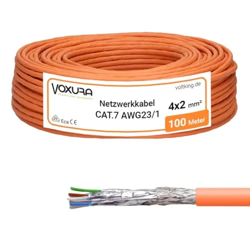 Voxura CAT 7 Verlegekabel 100m CAT.7 Netzwerkkabel Simplex S/FTP Datenkabel Halogenfrei LAN 1000 MHz Ethernet SFTP 10 Gbit/s geschirmt PoE+ Kupfer