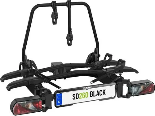 Fahrradträger SD260Black für 2 Fahrräder mit Flügeltüren - Robuster Kupplungsträger aus Aluminium, ideal für E-Bikes. Faltbar, ausziehbar für 85 cm breite Türen und mit Anti-Diebstahlschloss ausgestattet.