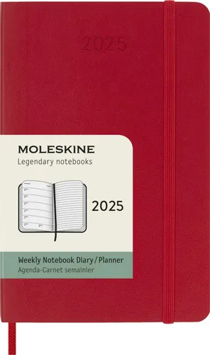 MOLESKINE Buchkalender 2025 - 12 Monate Wochen-Notizkalender, Rot, P/A6 - Kalender für 2025 mit Wochenansicht und Notizseiten, ideal für Planung und Organisation. Weicher Einband, elastischer Verschluss und personalisierbare Aufkleber machen ihn zum perfekten Begleiter.