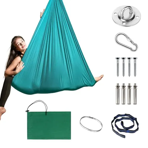 PTSUPLES Aerial Yoga Hängmatte Set, Yoga-Hängstuhl-Schaukel (Grün), 1,5 × 1,4 m, Tragfähigkeit 200 kg, inkl. Karabiner, Befestigung, Nägel & Zubehör, ideal für Übungen