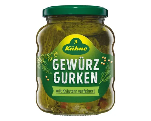 Kühne Gewürzgurken Auslese 185g – Knackig und Würzig - Entdecken Sie die Kühne Gewürzgurken Auslese 185g – knackige Gurken in einem feinen, würzigen Aufguss. Ideal für Salate, Snacks oder als Beilage. Ein Genuss für jeden Anlass!