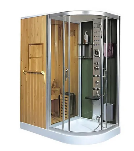 Wellness-Sauna mit Dusche 170x110 cm – Entspannung für Zuhause - Genießen Sie Ihre persönliche Auszeit in dieser 170x110 cm großen Trockensauna mit Dusche. Ideal für Innen- und Außenbereich, bietet sie elektrisches Heizen und hochwertige Holzverarbeitung für entspannende Momente.