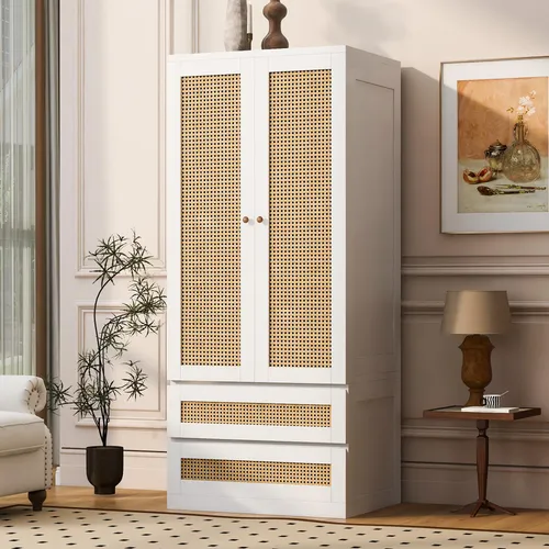 MODFU Kleiderschrank mit Rattan-Optik – 2 Türen & 2 Schubladen, 70x55x170cm, Weiß