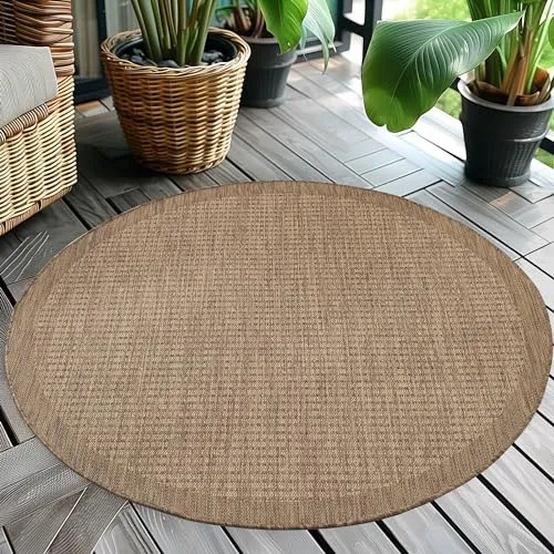 Teppium Modern Outdoor Teppich Wetterfest 120 cm Rund Braun- Flachgewebe Sisaloptik Balkon Teppich Wasserfest - Waschbarer Teppich für Garten, Terrasse, Camping und Küche