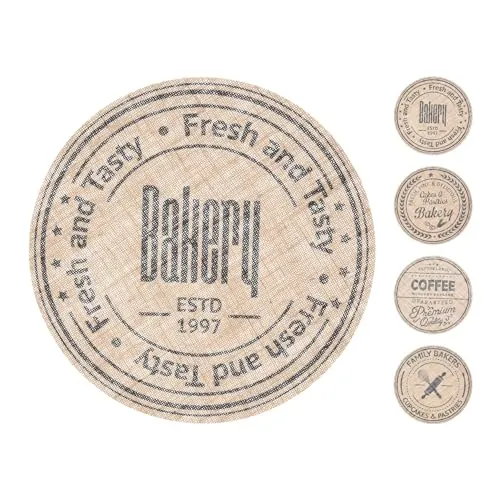 Tischset rund 38cm x 1 Stück Sortiert - Jute Platzset mit bedrucktem Bäckerei Motiv - Vielseitige Platzdeckchen & Tischuntersetzer für Esstisch, Küche und Gastronomie - Beige Schwarz