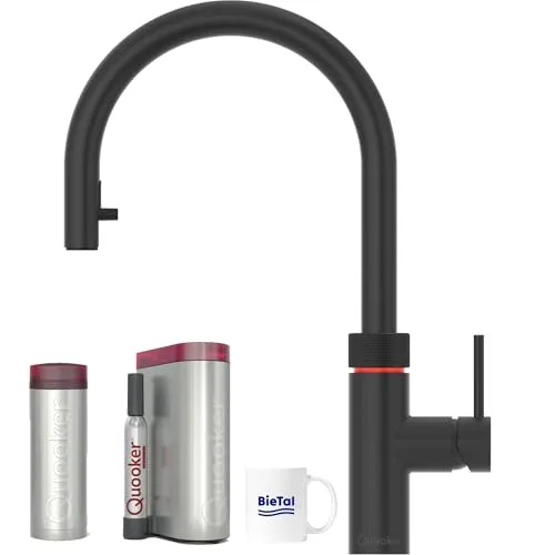 Quooker Wasserhahn Flex schwarz mit PRO3 Reservoir & CUBE - Armaturen: Quooker Wasserhahn Flex schwarz bietet kochendes Wasser und gekühltes Sprudelwasser direkt aus dem Hahn. Spart Platz und Plastikflaschen!