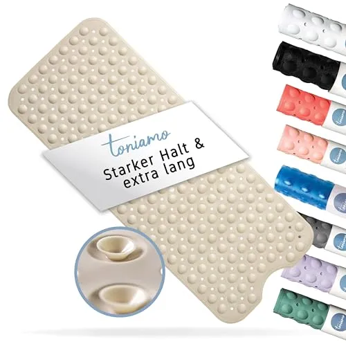 Toniamo Badewannenmatte rutschfest 100 x 40 cm Antirutschmatte, Sandy | Extra lange Badematte mit Saugnäpfen ohne BPA, rutschfest, antibakteriell, maschinenfest für sicheren Halt in der Badewanne