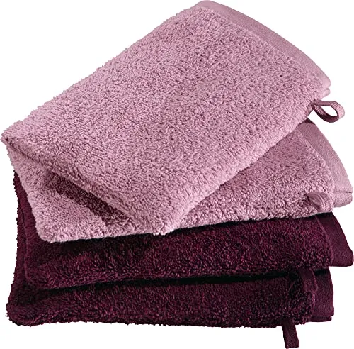 Erwin Müller Waschhandschuhe Bühl 4er-Pack Altrosa/Beere Größe 15x21 cm - besonders flauschig, voluminös, äußerst saugfähig