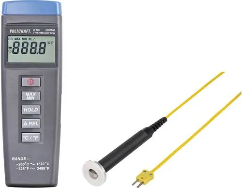 VOLTCRAFT K101 + TP 302 Temperatur-Messgerät mit Typ K Fühler - Professionelles Temperaturmessgerät für Metalloberflächen. Der integrierte Magnet ermöglicht freihändiges Arbeiten und garantiert schnelle Messungen von 0 bis 250 °C.