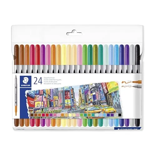 STAEDTLER 3200 Doppelfasermaler, zwei Spitzen für schmale und breite Linien, Etui mit 24 Doppelfasermalern in sortierten Farben, 3200 C24P