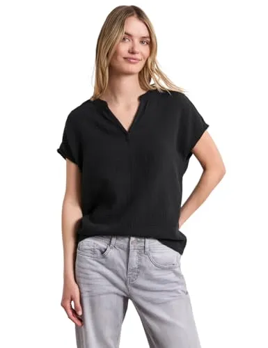 Street One Damen Blusenshirt aus Musselin - Leichtes Blusenshirt mit Split Neck und dropped Shoulders für lässigen Tragekomfort. Ideal für warme Sommertage in reiner Baumwolle.